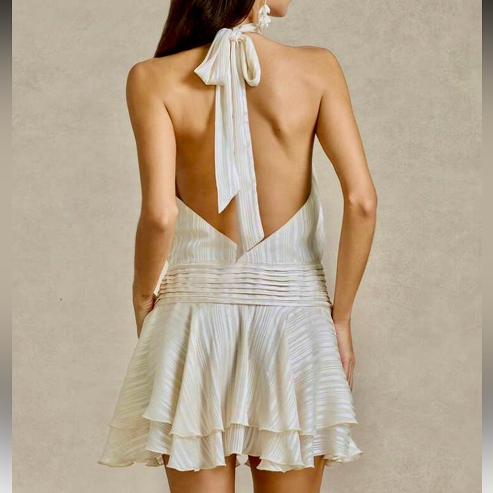 Ruffle hem satin ivory off white mock neck tie open back halter mini dress - Picture 9 of 11